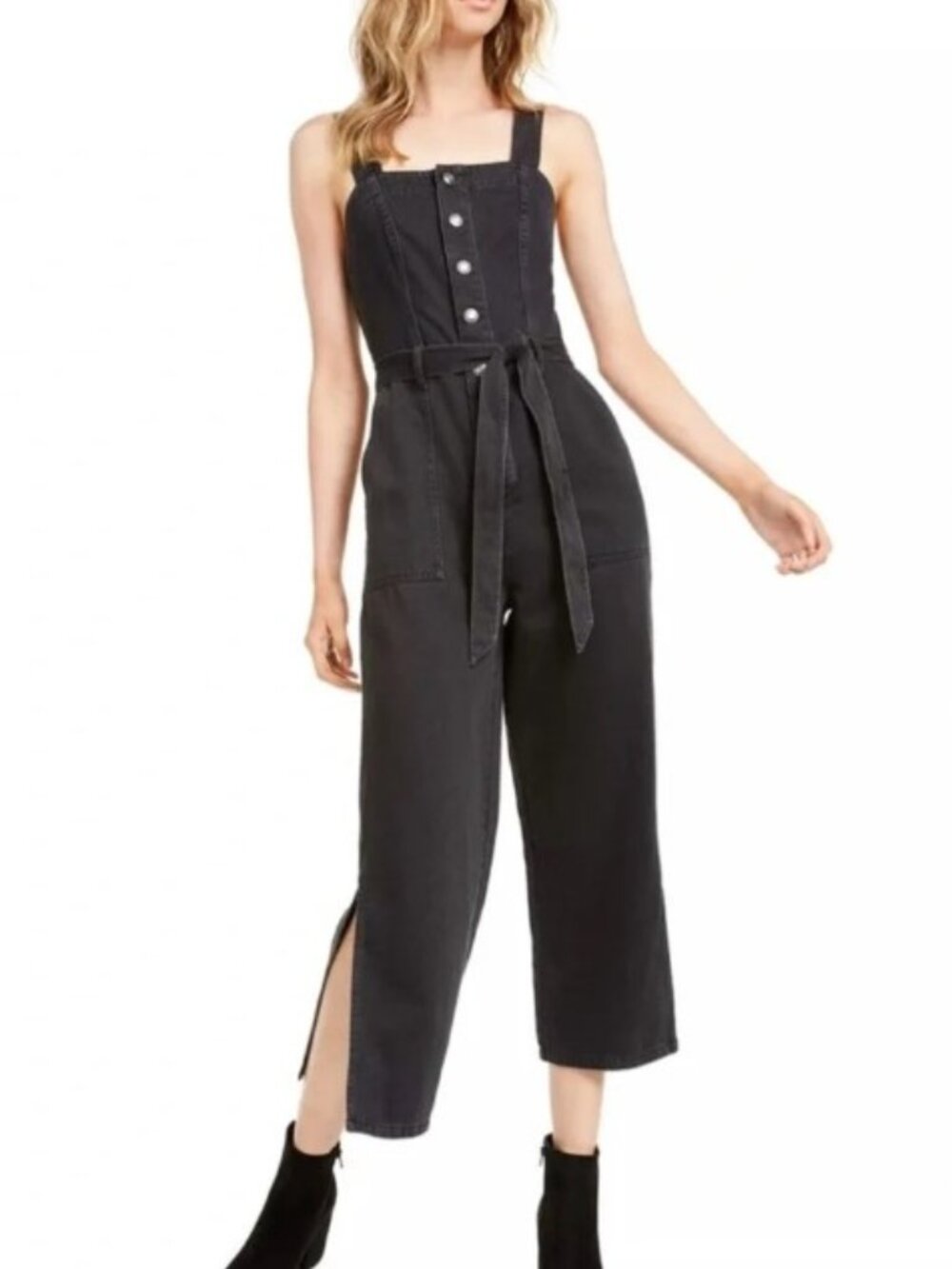 OAT NEW YORK Black Denim One Piece Jumpsuit Bib Belted Crop Slit Leg 6 NWT $108